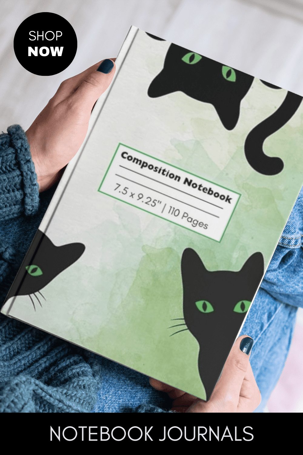 Composition Notebook: Black Cat with Green Eyes Journal Notebook for Kids, Teens, and Adults | 110 pages, 7.5 x 9.25